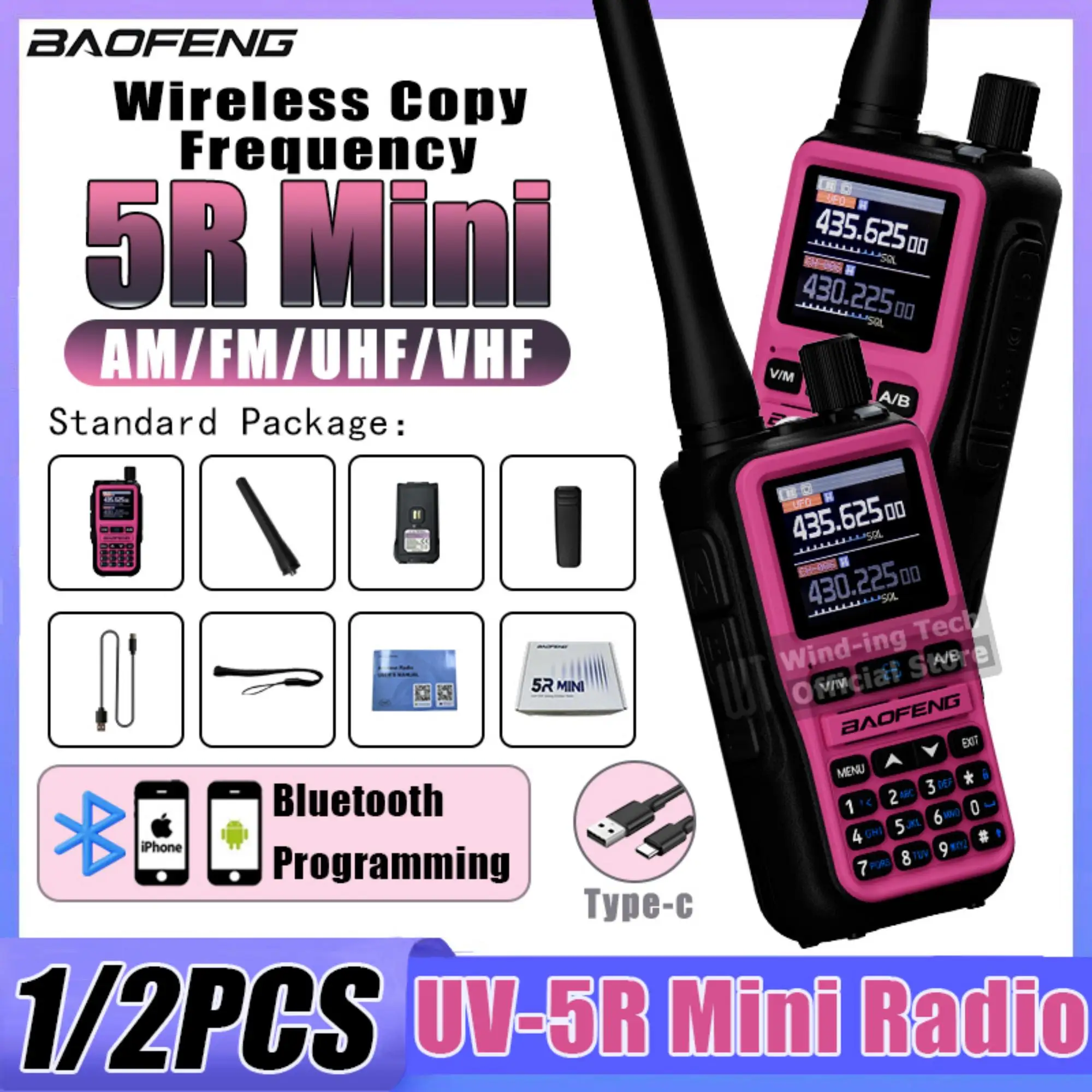 1/2PCS Baofeng UV 5R Mini Two Way Radio Pink Bluetooth Program VHF UHF 5W AM FM Large Screen USB-C Charger 999 Channel Walkie