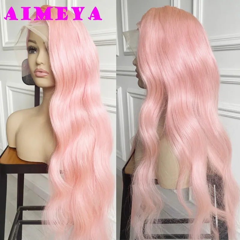 AIMEYA Light Pink Lace Front Wig Long Body Wave Synthetic Lace Hair Natural Hairline Heat Resistant Fiber Daily Use Cosplay Wigs