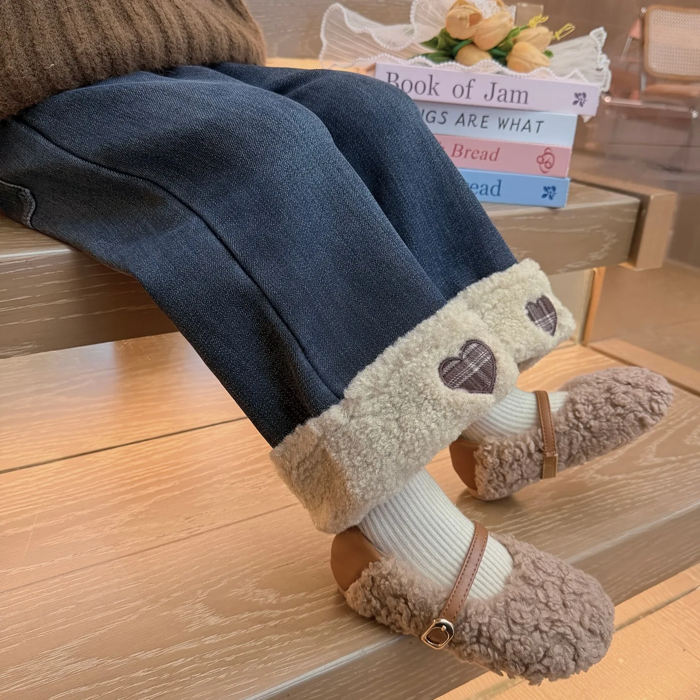 

Toddler Girls Jeans New Winter Plus Fleece Kids Baby Girls Demin Pant New Winter Love Printed Infant Girls Straight Leg Pant