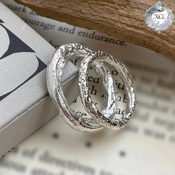 

XCL 925 Sterling Silver Open Ring Irregular Texture Coarse Sand Finish Gorgeous Geometric Rectangular Design Romantic Jewelry