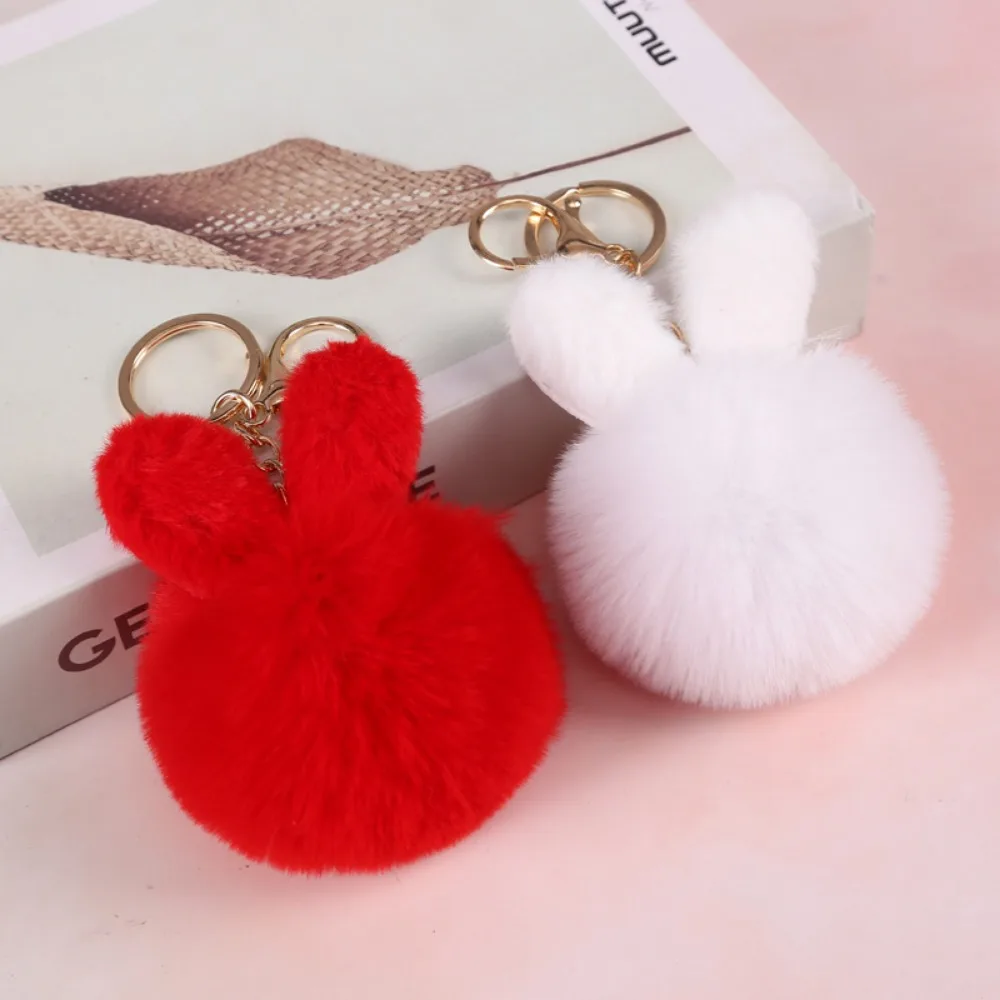 Plush Rabbit Ears Keychain Fur Ball Decoration High School Student Backpack Female Keyring Pendant Accessories Ornament Women