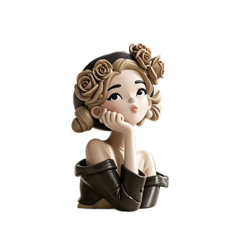 Cartoon Resin Rose Girl Sculpture Ornaments Living Room Bedroom Dining Table Girl Statue Furnishings Crafts Christmas Gifts