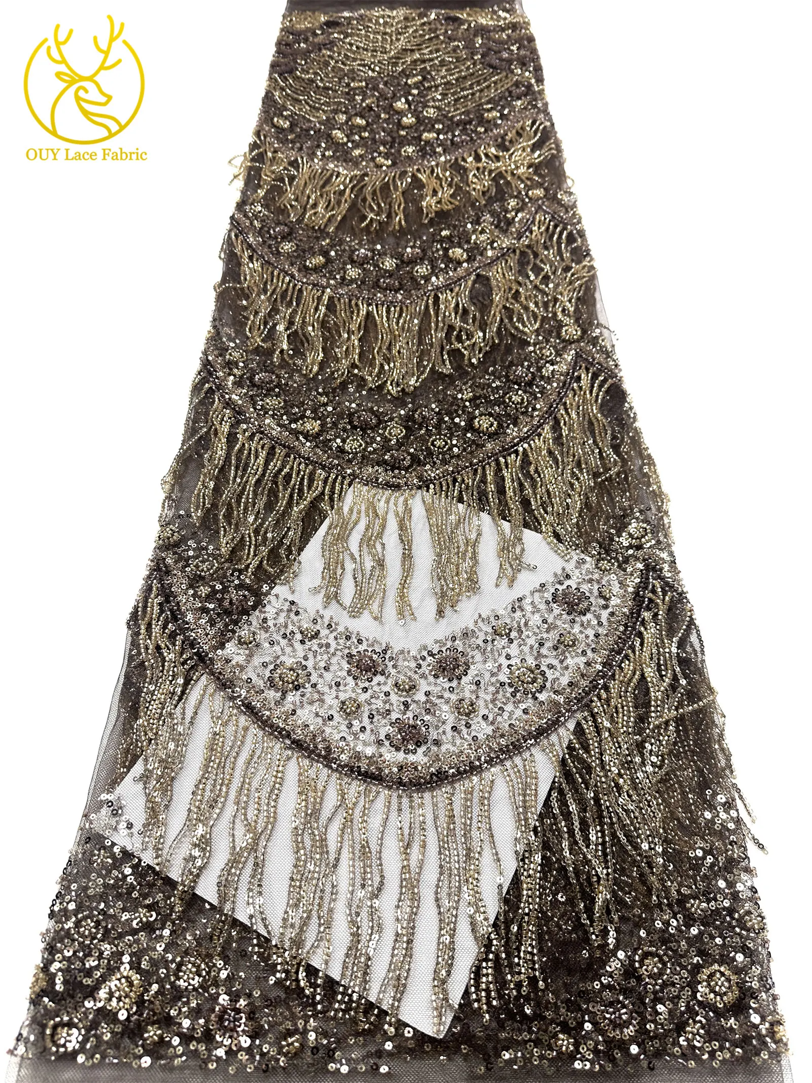 Hochwertiger afrikanischer französischer Tüll-Spitzenstoff mit Pailletten, luxuriöser 3D-Perlen-Spitzenstoff für nigerianische Stickereien, Hochzeits- und Brautkleider – Detail 6