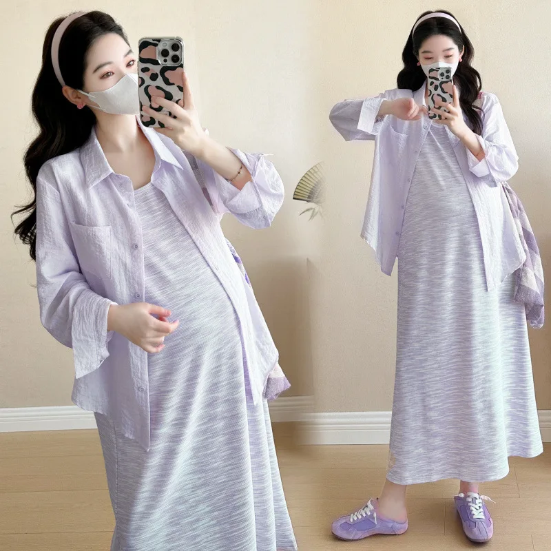 Maternity Suit Summer 2026 Minimalist Versatile Striped Sleeveless Dress and Long Sleeve Shirt for Pregnant Women Daily Wear - view 3
