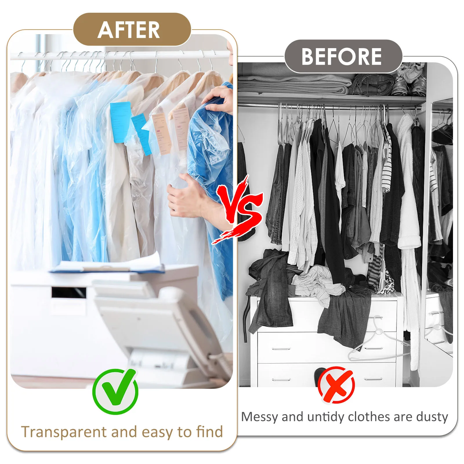 60 Pcs Garment Bags for Hanging Clothes Clear Plastic Clothes Covers Reusable Dry Cleaning Bags Dustproof Clothes Covers