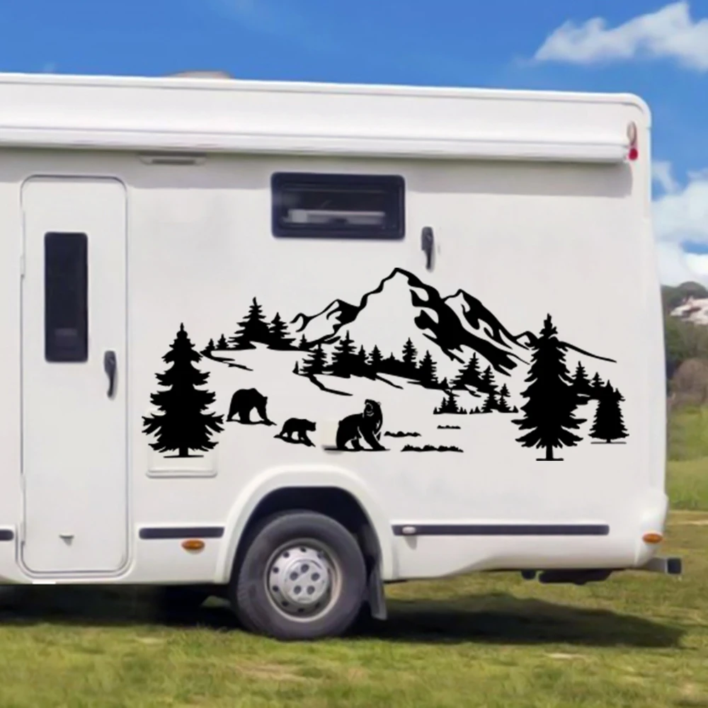 Bear Forest Mountain Camper Rv Car Sticker  Nature Landscape Off Road Camping Caravan Motorhome Trailer Truck Decal Vinyl Decor