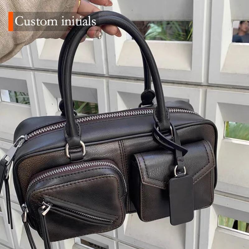 Bolsas de travesseiro vintage com iniciais de nome personalizado para mulheres bolsas e bolsas de designer de luxo 2024 novo em pu vários bolsos alça superior decoração rebite pequena caixa bolsa de ombro