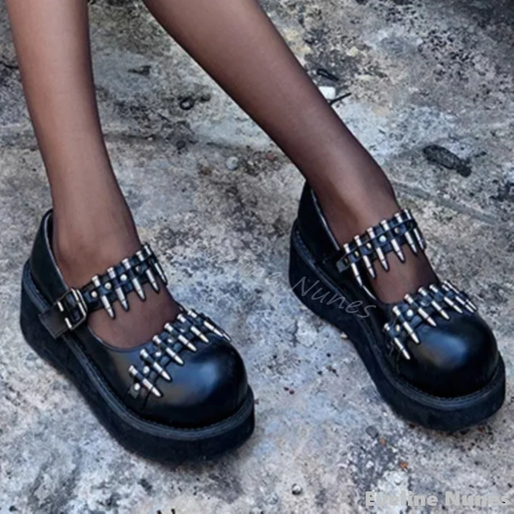 

Bullet Studded Punk Loafers Women Big Toe Platform Shallow Hollow Belt Buckle Black Leather Lolita Shoes 2025 New Cool Girl Shoe