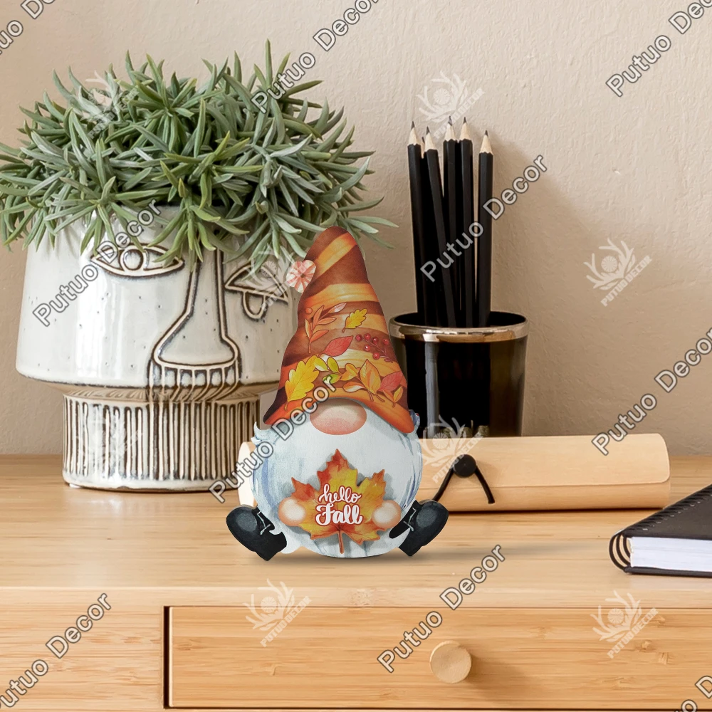 Putuo Decor 1pc Gnome Shaped Interchangeable Wooden Table Decor with 12 Sets of Changeable Velcro Icons,Gifts for Christmas