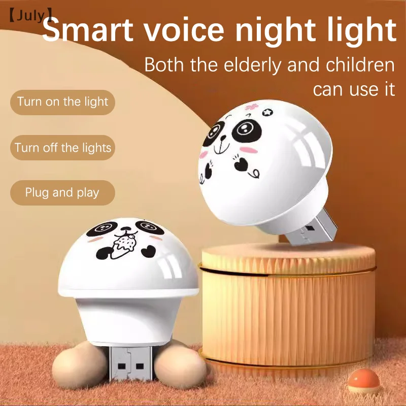 Lampu malam LED dalam ruangan, USB Panda buatan dengan kontrol suara pintar, colokan samping tempat tidur berkemah
