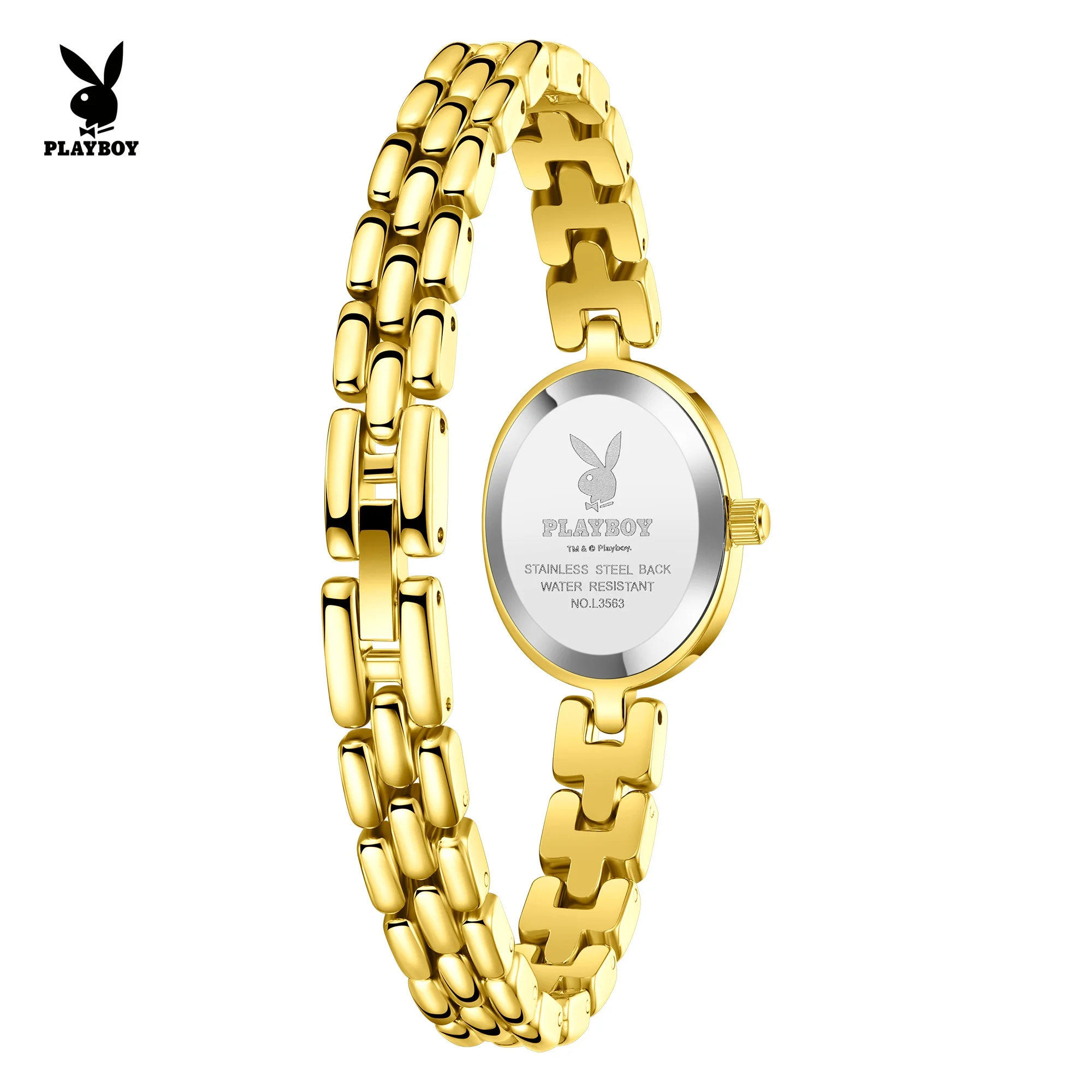 PLAYBOY 3563 Brand Fashion Watch Small Oval Dial Stainless Steel Strap HD Luminous Function 30m Waterproof Elegance Watch Women