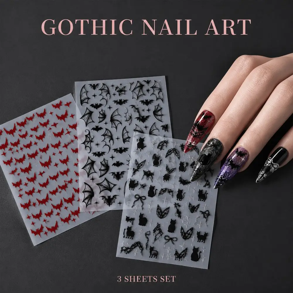 1Pc Spooky Dark Halloween Nail Decals Embossed Red Glitter Bat Black Cat Lace Bow Single Sheet Salon Nail Supplies