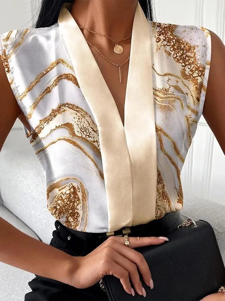 Elegant and Youthful Women\'s Shirts Summer Sleeveless Print Blouse Fashion Casual V-neck Blusa Mujer Tendencia 2024 New Tops