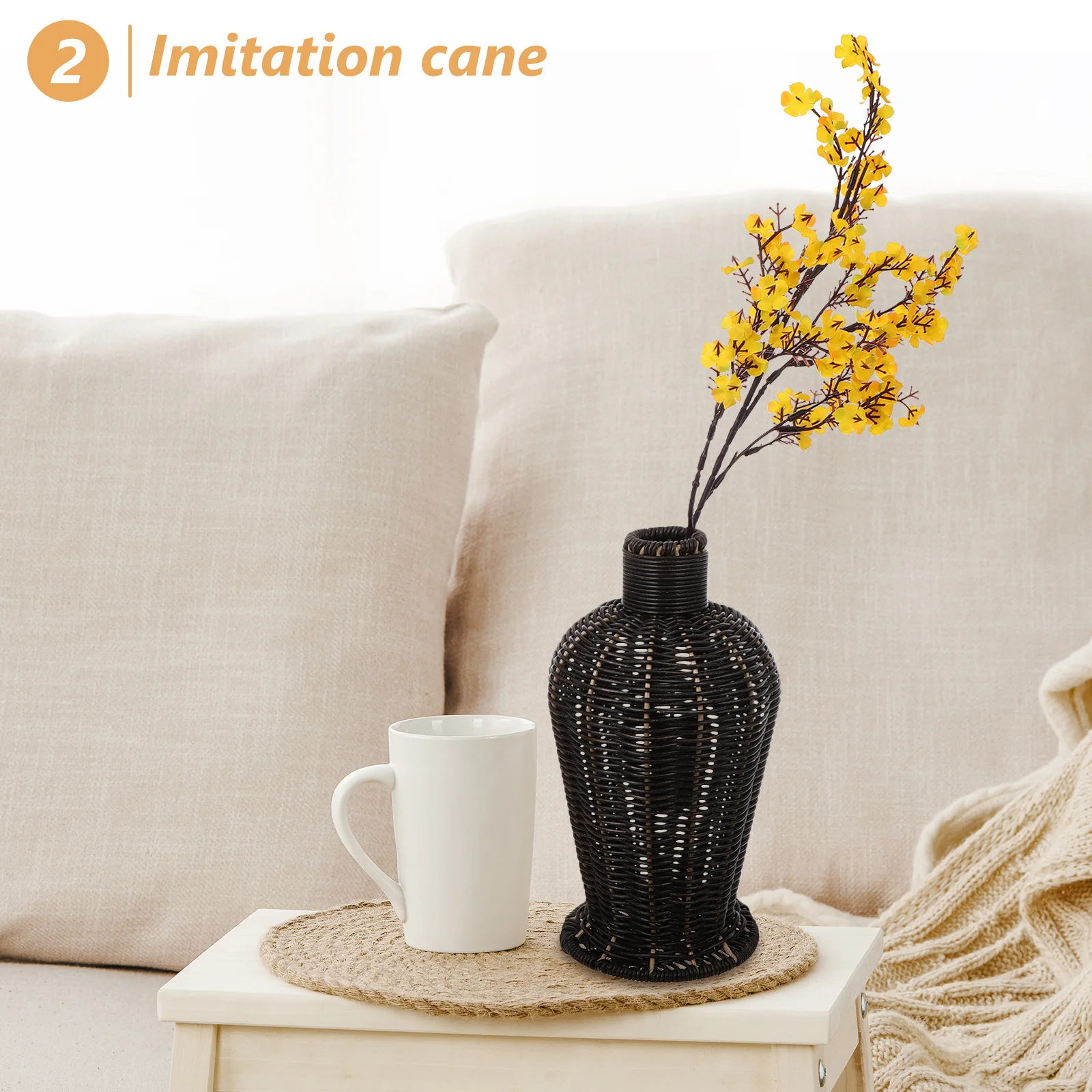 

Black Plastic Wicker Flower Basket Vase Imitation Rattan Woven Decorative Holder for Dried Artificial Flowers Rustic Farmhouse