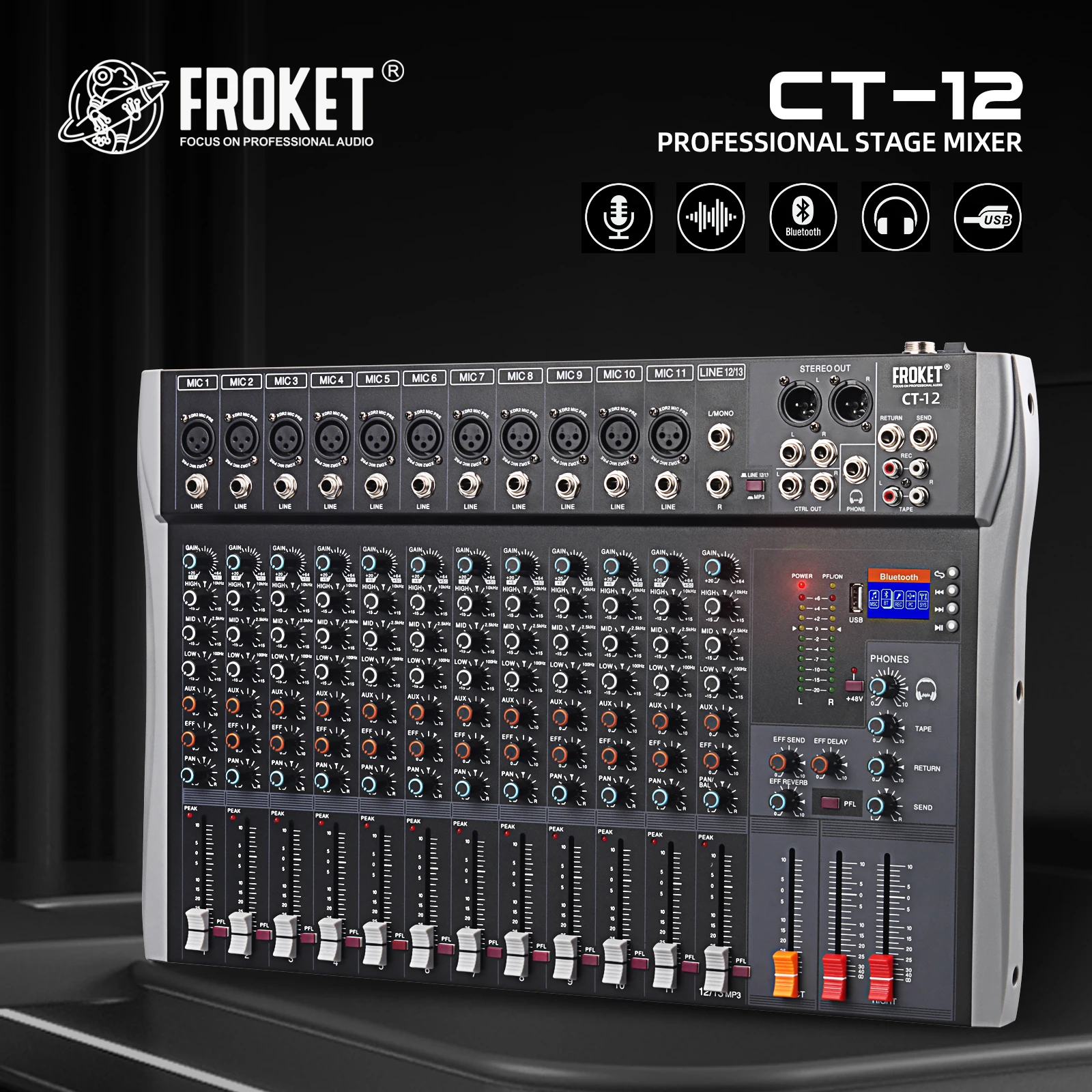 FROKET CT Series DSP Mixer Audio Console DJ Console di missaggio registrazione Audio professionale miscelazione per palco, Karaoke, registrazione