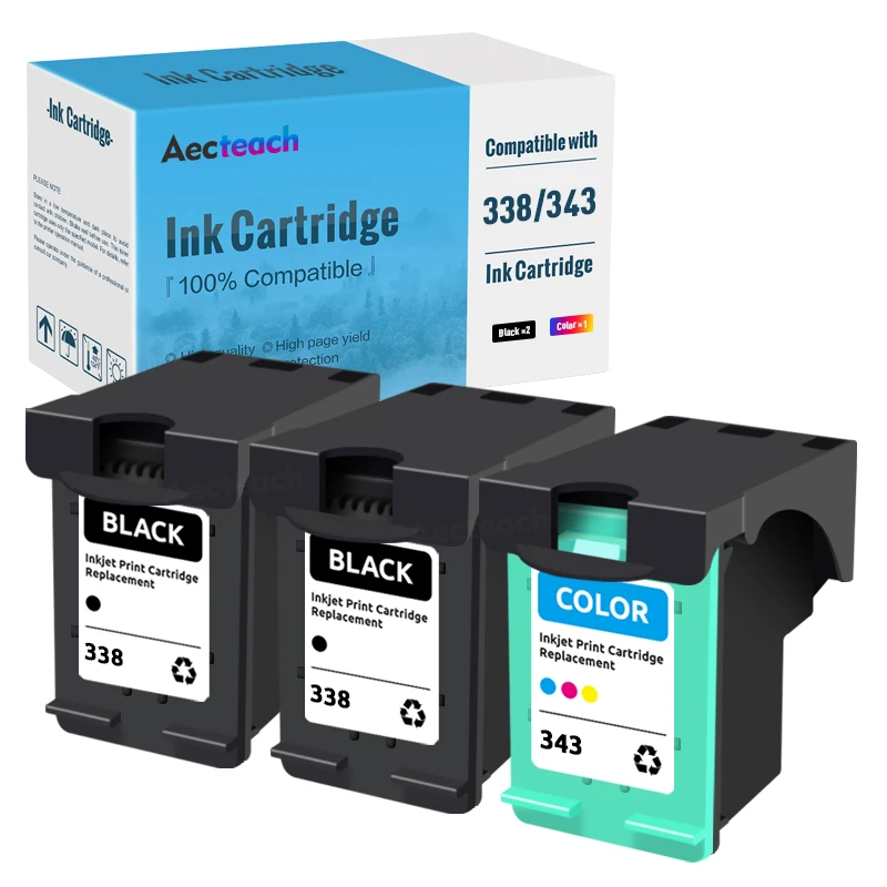 Aecteach Replace Ink Cartridge 338 343 338XL 343XL Compatible For HP Deskjet 460c 5740 5745 6520 Officejet 6200 6210 7210 7310