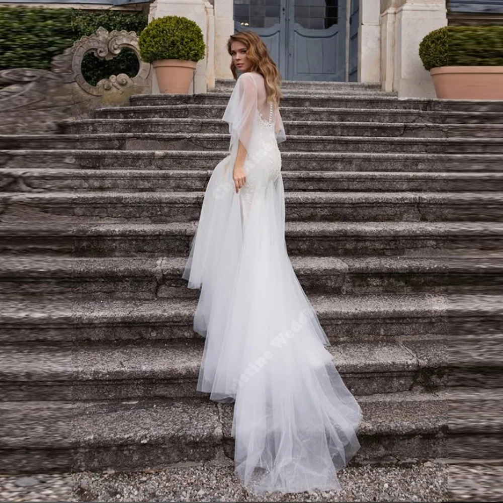 Robes De mariée élégantes à col rond pour femmes, Sexy, dentelle imprimée, sirène, robes De mariée, Estilo Boho Chic, personnalisées