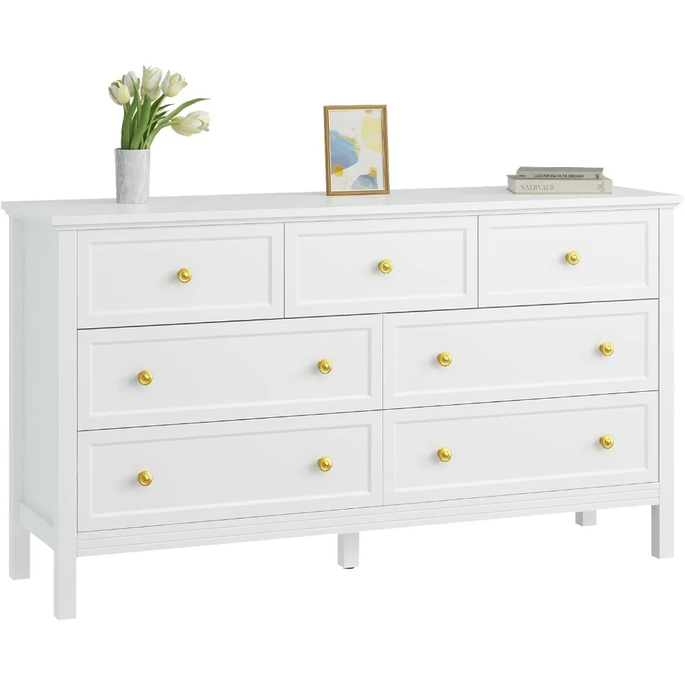 7 Drawer Dresser with Wide Drawers and Gold Metal Handles, 55