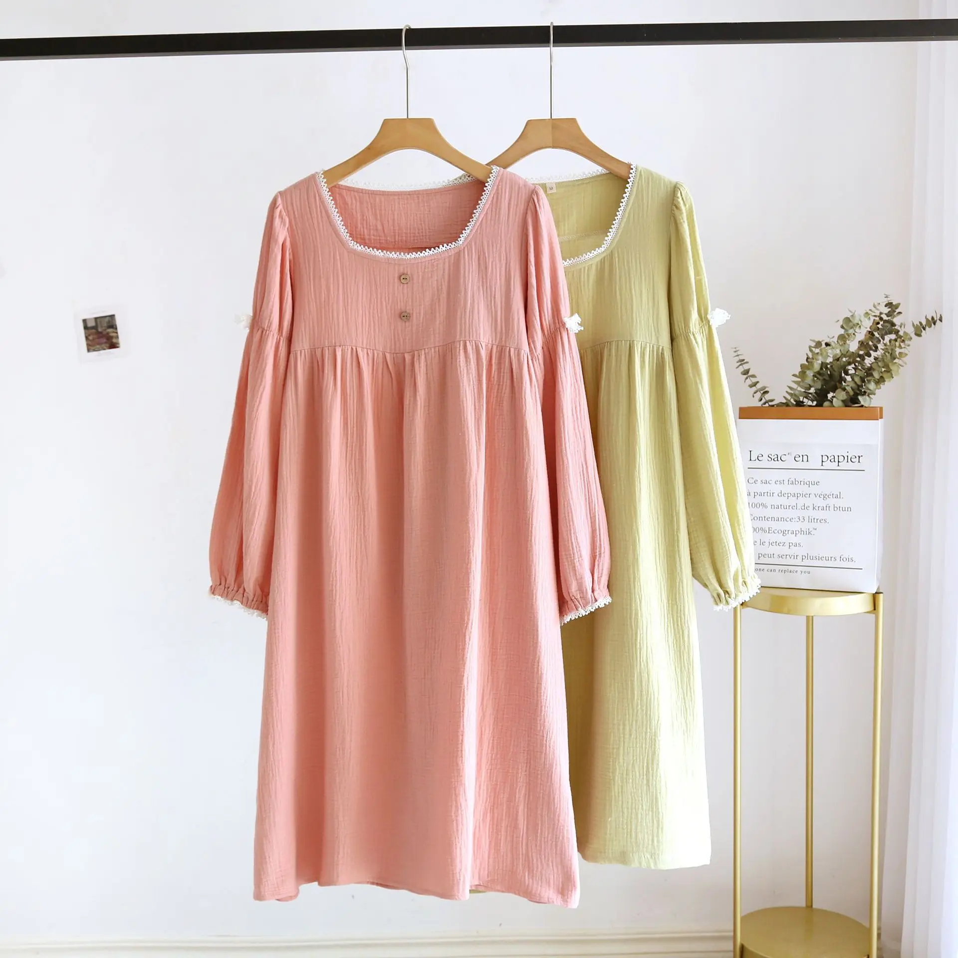 Spring/Summer Women's Cotton Long Sleeved Sleeping Dress Simple Double Layer Gauze Crepe Solid Color Square Neck Lace Nightgowns