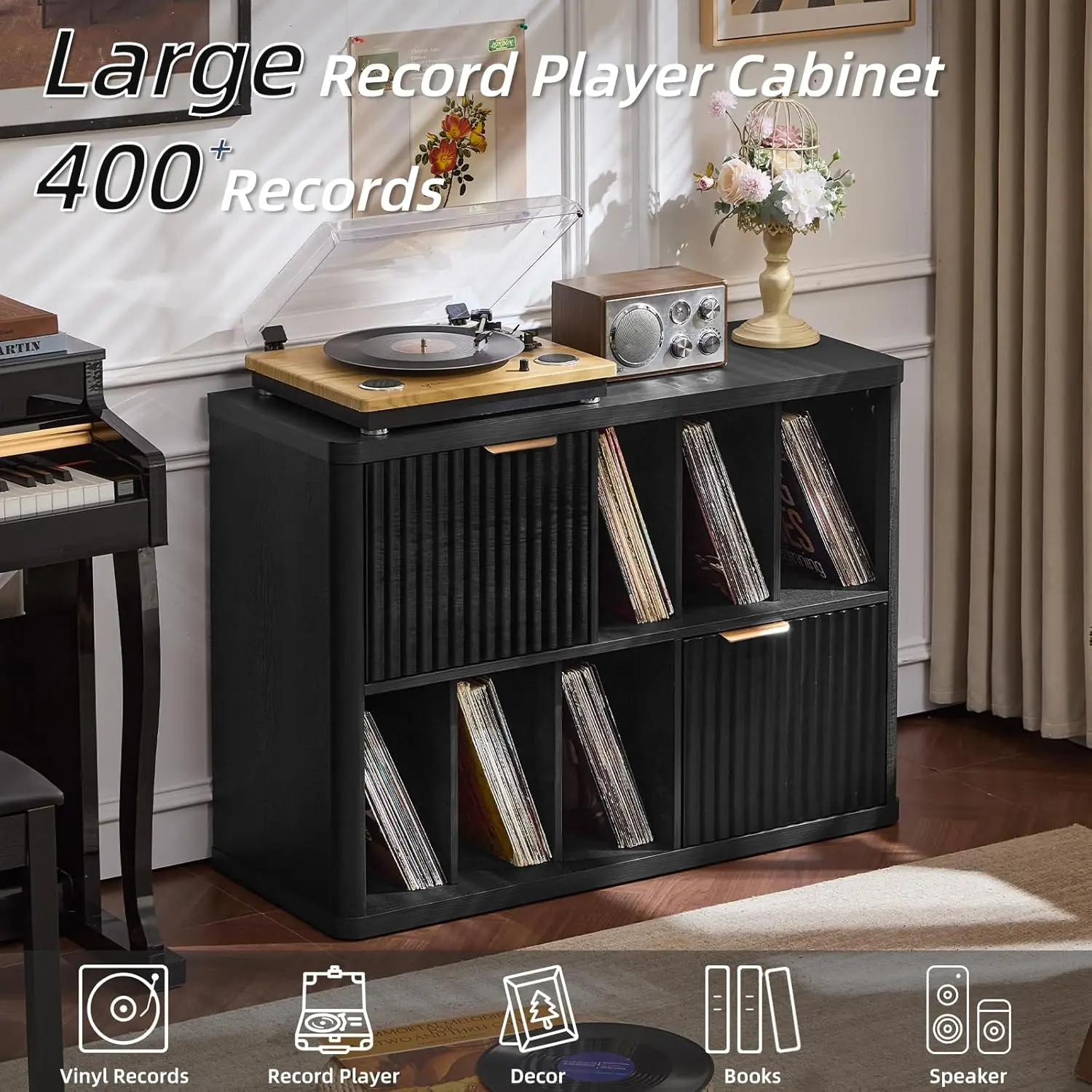 حامل مشغل تسجيل كبير مع مساحة تخزين من الفينيل حتى 450 ألبومًا، خزانة تخزين سجلات بوهو مخددة من الخشب، ميد ستيريو حديث