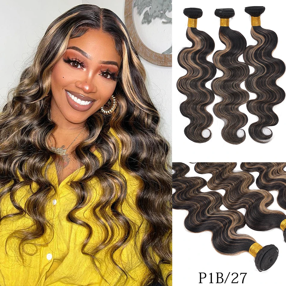 100% Raw Human Hair Ombre Highlight Body Wave Bundles 4/27 Colored Brown and Blonde 3 Bundles Double Weft Quick Weave For Women