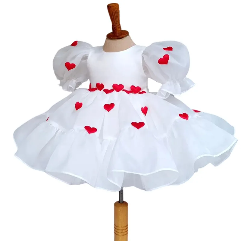 Girls Summer New Red Love White Bubble Sleeve Mesh Fluffy Dress Birthday Party Wedding Flower Girl Sweet and Cute Dress