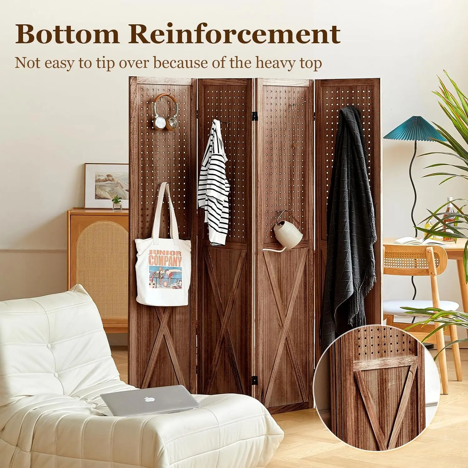 4 Panel Room Divider,5.6Ft Pegboard Display Wood Room Divider Folding Privacy Screens,Peg Board Display Freestanding