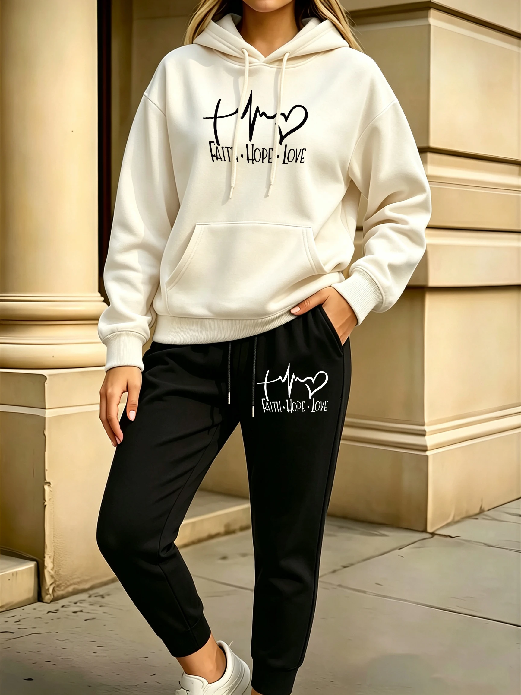 Faith Hope Love Letter Graphic Printing Y2K Women'S Hoodie Set Fleece Sweatpant Casual Autumn Pullover Loose Pocket Hoody