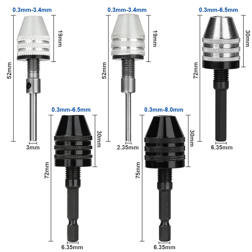 Schnellspannbohrfutter, 0,3–3,4/6,5/8 mm, selbstspannende elektrische Bohrer, Spannzangenbefestigung, 1/4 Zoll Sechskantschaft, Schnellwechselkonverter – Detail 3