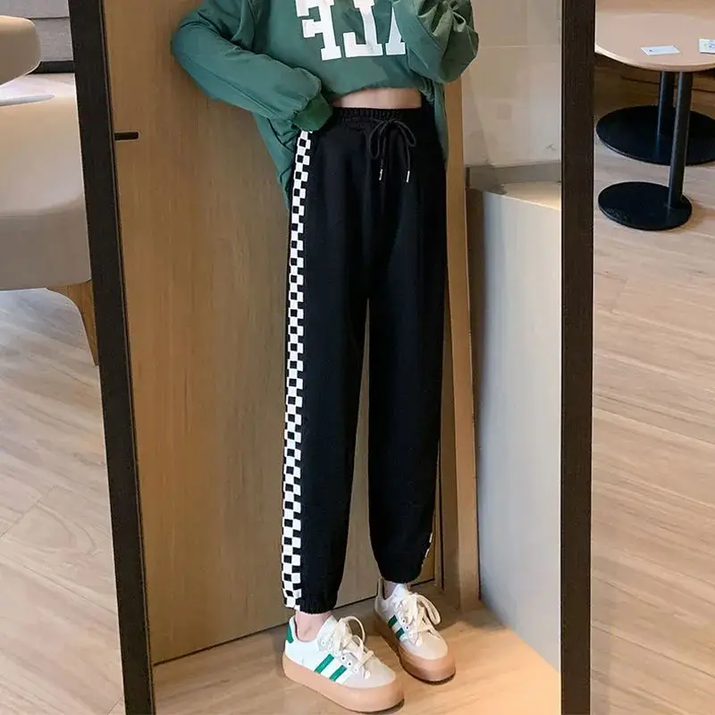Summer Thin Plaid Pattern Sweatpants Women Loose High Waist Bundled Hem Harem Casual Pants Fashion