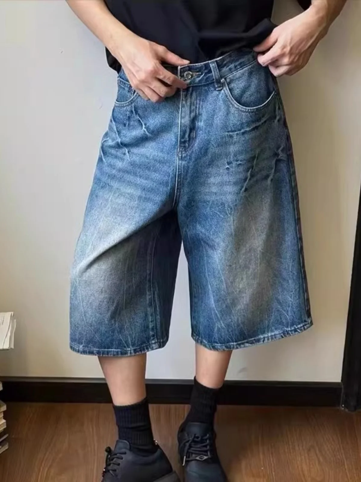 

Американские джинсы-шорты High Street Waed Blue для мужчин, летние, тонкие, прямые, в стиле хип-хоп, укороченные (7/8), повседневные, свободного кроя