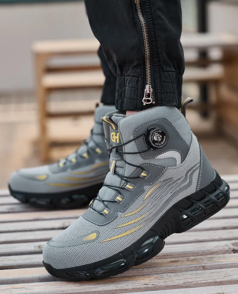 أحذية أمان رجالية عالية الجودة أحذية أمان للعمل أحذية رياضية بمقدمة من الفولاذ وزر دوران مضاد للسحق ومضاد للثقب أحذية أمان من الفولاذ