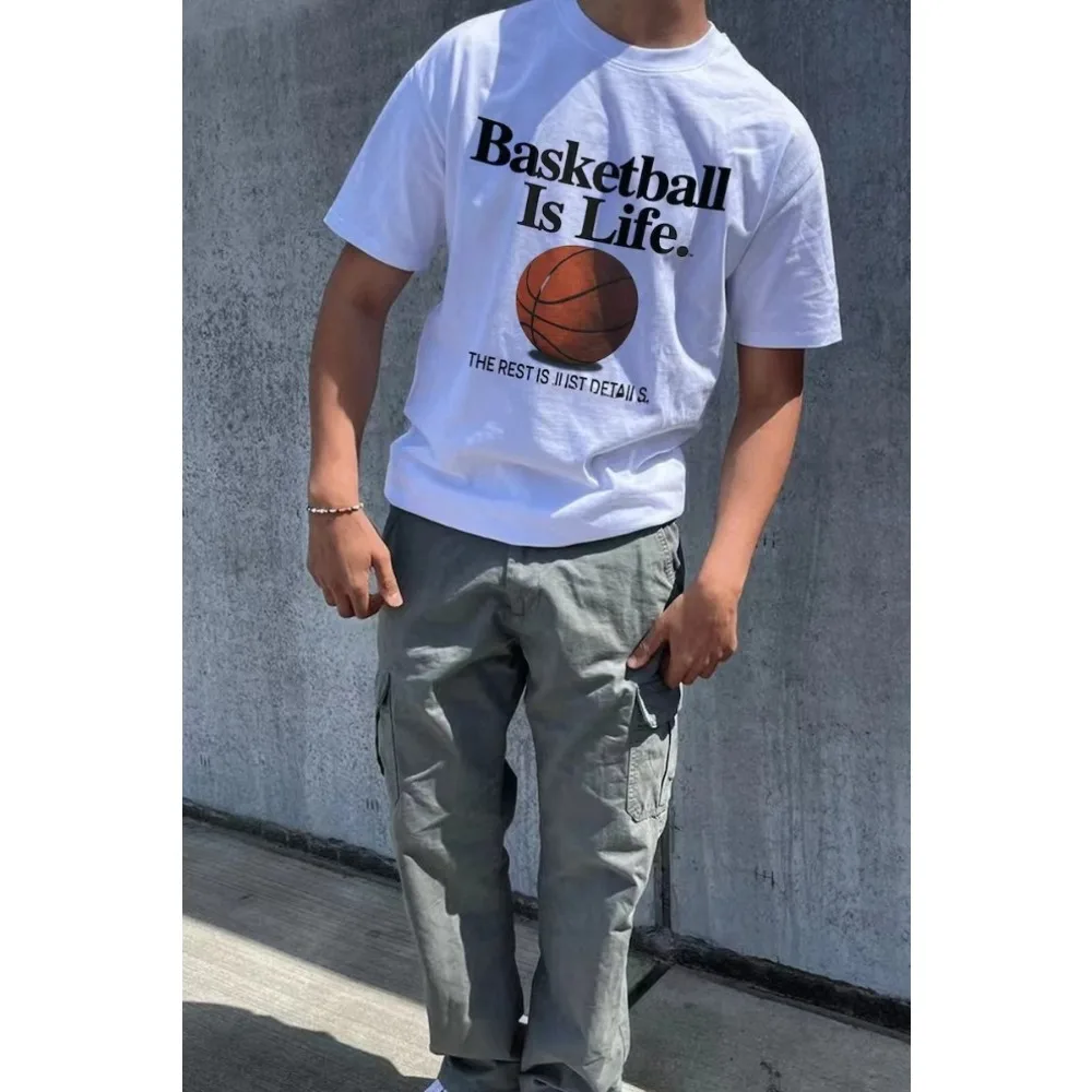 Basketball Is Life THE REST IS JUST DETAILS 2024 Summer Alphabet Basketball Print Short Sleeve T-shirt Men Cotton Casual T-shirt