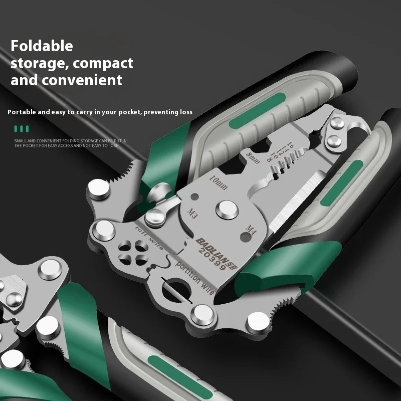 Foldable wire stripper, pulley design multi-function electrician wire splitter wire winding pliers crimping pliers hand tool