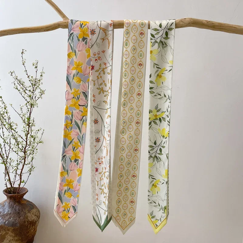Faixa de cabelo para cabelos longos com lenço estreito para mulheres, lenço de cabeça moderno, laço fofo, xale estampado luxuoso e sedoso para senhoras