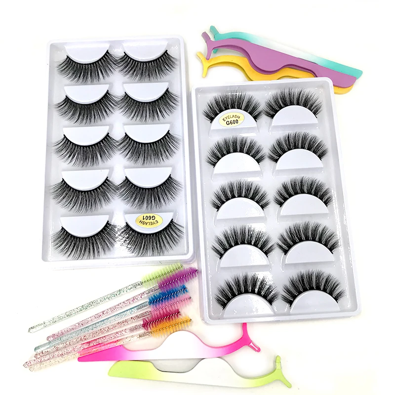 3D Faux Mink Strip Lashes with Lash Tweezer Spoolies Natural False Eyelashes 5 Pairs Eyelashes Book