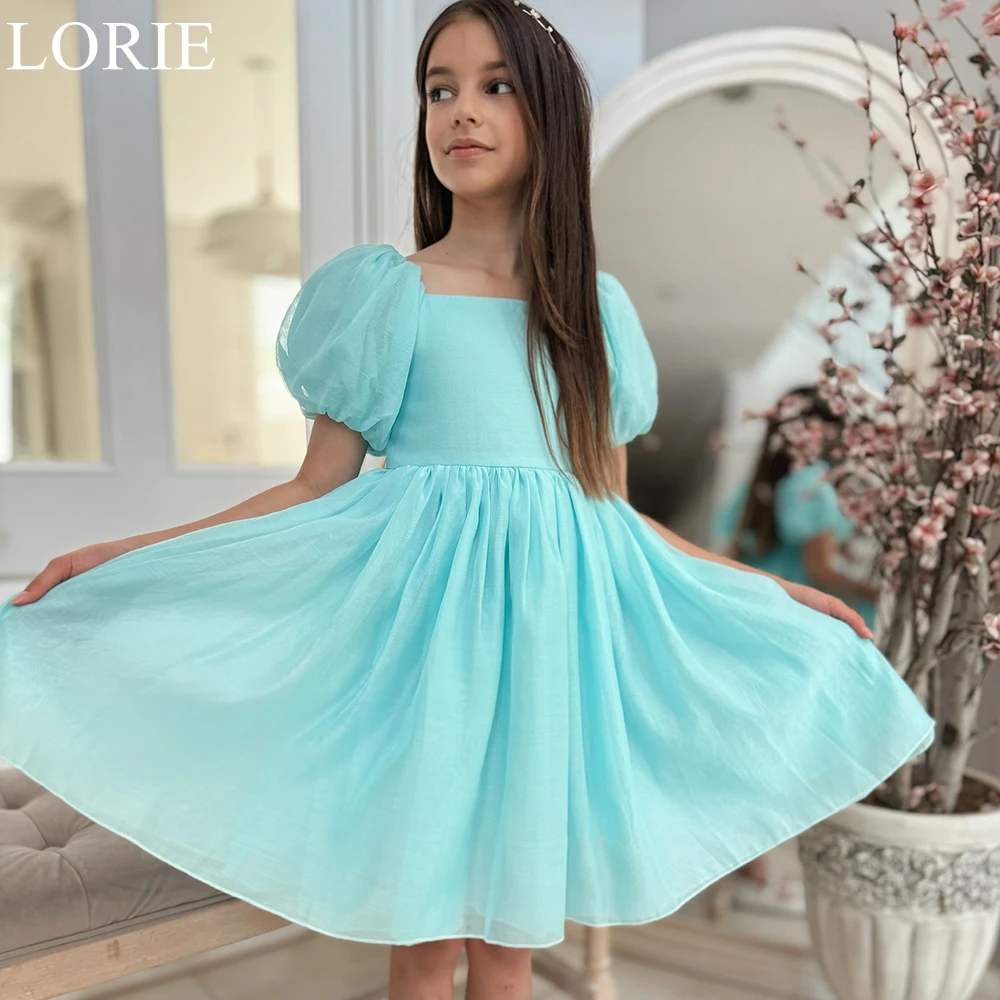 LORIE-vestido plisado de flores para niña, traje con cuello cuadrado y mangas abullonadas, color azul Pastel, personalizado, para fiesta de boda y cumpleaños, 2025