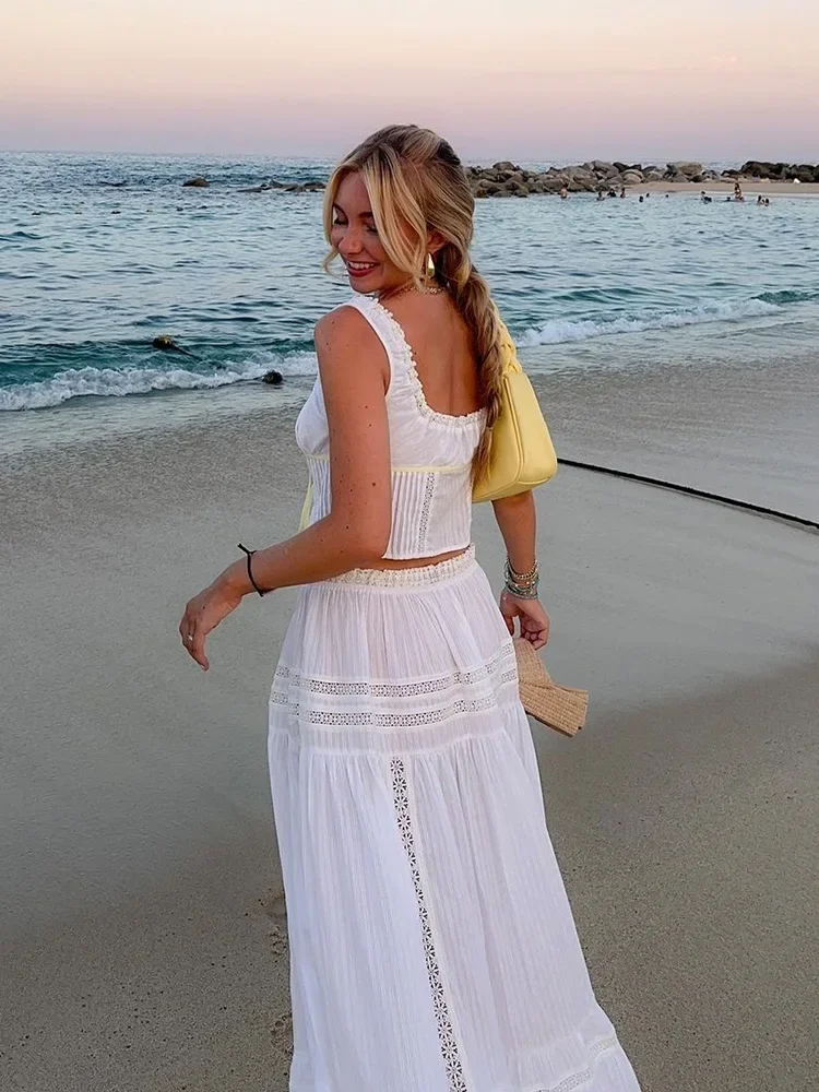 White Lace Skirt Set Women\'s Dress Outfits Summer Beach Cotton Matching Sets 2 Pcs Long Maxi Dress Set Vestidos Female 2025