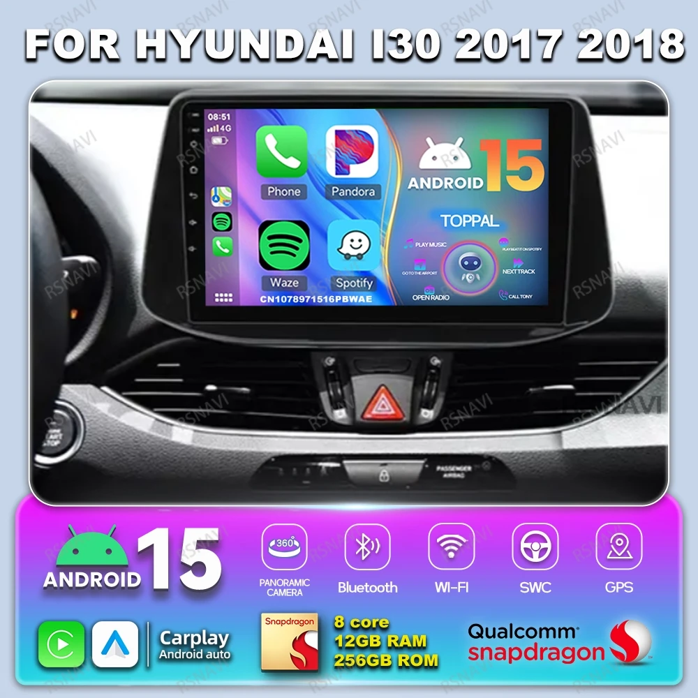 

Автомобильное радио Android 14 для Hyundai I30 2017 2018 навигационные стереосистемы 360 камера головное устройство Qualcomm авторадио без 2DIN BT QLED