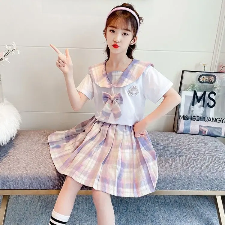 2024 New Children's Academy Style Sailor Collar Bow Pleated Skirt Set Girl's Summer Casual Sweet Set