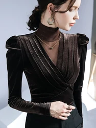Bubble Sleeves Retro Gold Velvet High Collar T-shirt Undercoat Women's Autumn and Winter Sexy Long Sleeve Black Mesh Splice Top