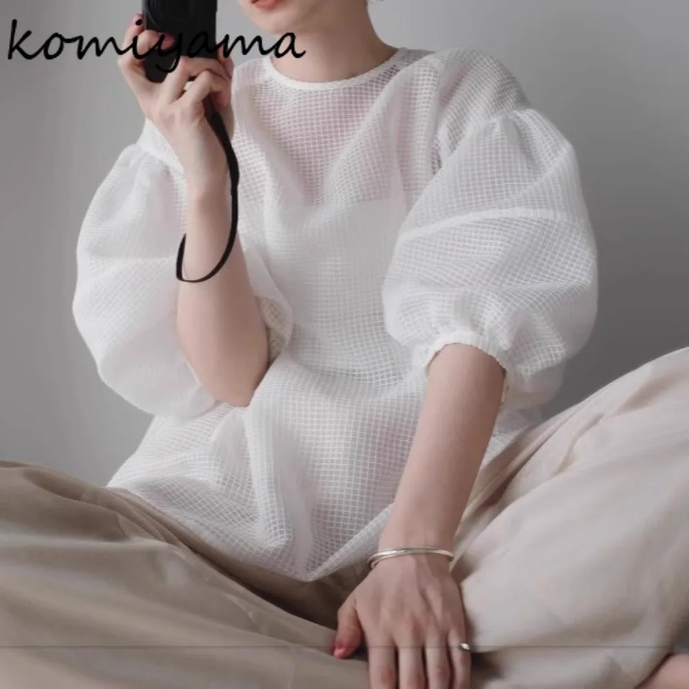 

Mesh Bubble Sleeve Woman 2025 Shirts & Blouses Japan Style Loose O-neck Blusas Mujer Summer New Clothing Ropa Mujer Camisas