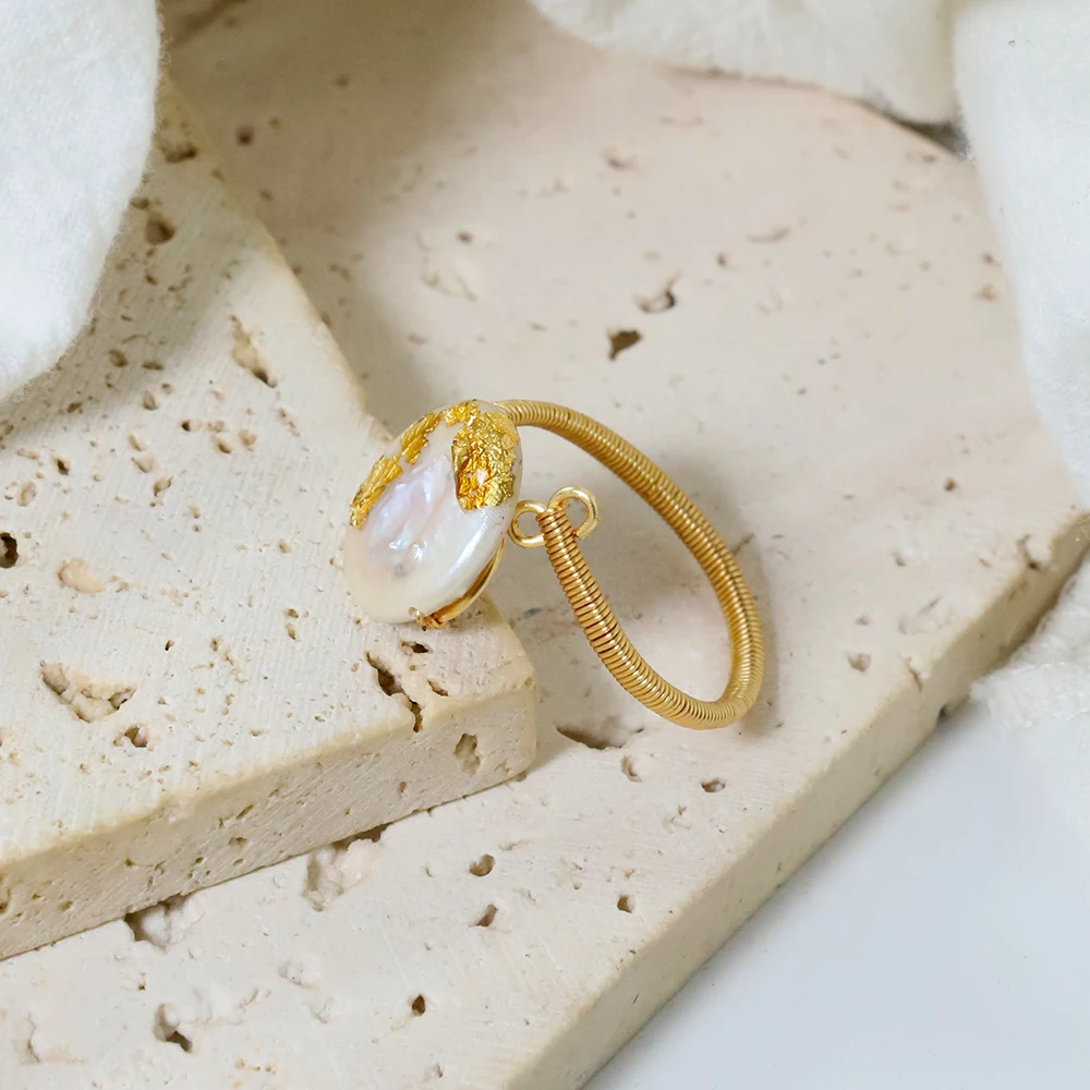 Pérola Natural de Água Doce Rodada Dot Anel de Ouro, Jóias de Luxo Feminina, Presentes Femininos, Moda Coreana, GR0402