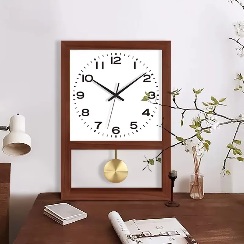 Japanese Retro Solid Wood Wall Clock, Square Rocking Art Clock, Household Decoration for Living Room