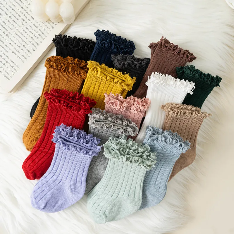 Ruffle Baby Short Socks Kids Girls Toddlers Cute Soft Cotton Sock Lace Flower Children School Uniform Socks For 0-8Years