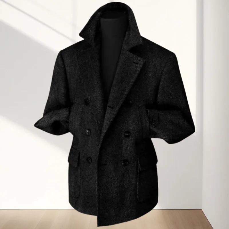 سترة تويد متعرجة مزدوجة الصدر للرجال سترة جديدة للخريف والشتاء بقصة ضيقة معطف رجالي عتيق غير رسمي ملابس عصرية 2025