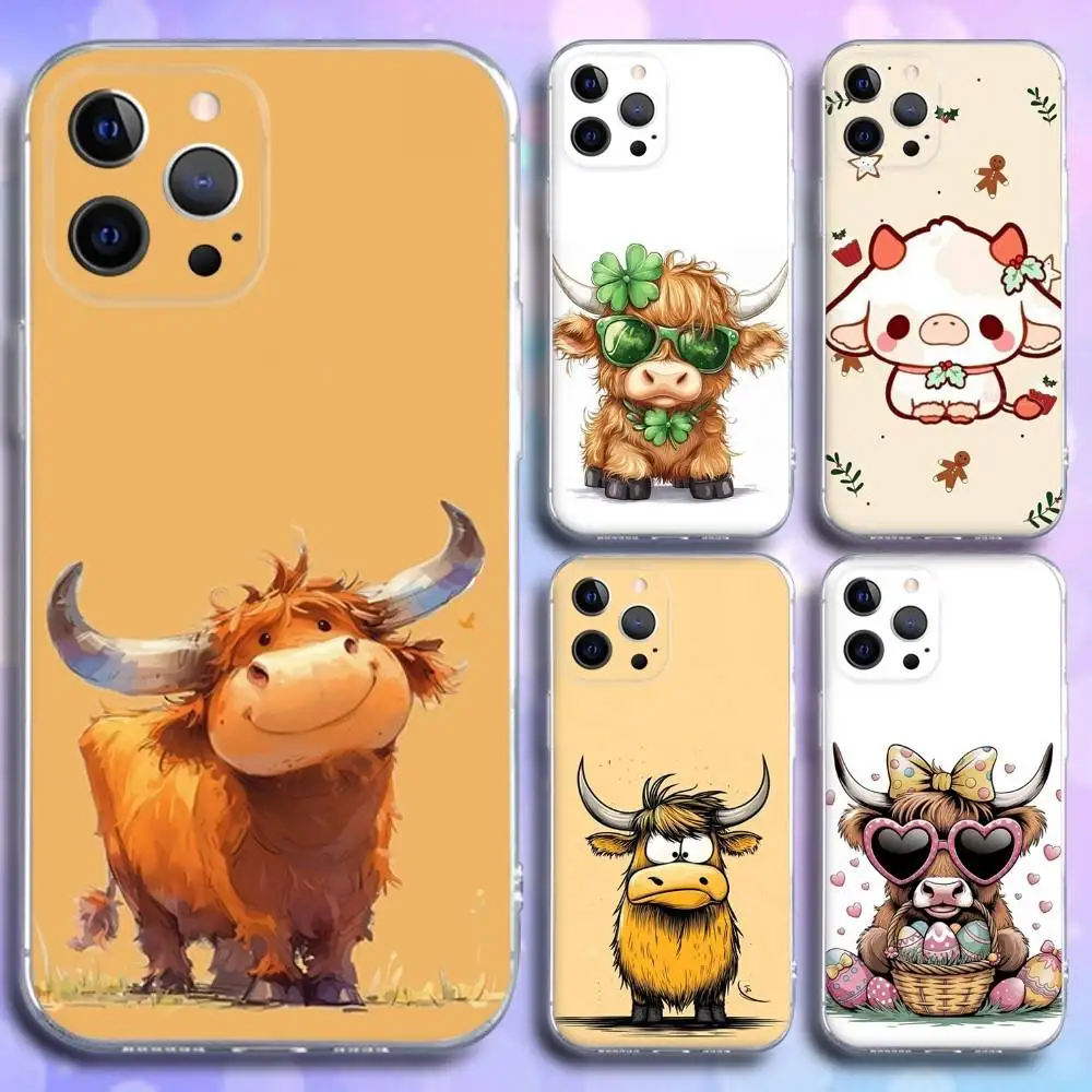 

Cute Highland Cow Phone Case For iPhone 16e,16,15,14,13,12,11 Plus,Pro,Max,XR,XS,X,Plus,SE,Mini Transparent Soft Cover