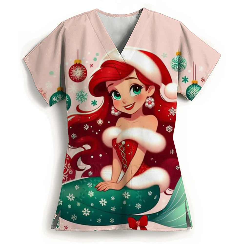 Christmas Disney Princess Women's Uniform Printed Frozen Elsa Snow White Short Sleeve V-neck Top Women's Shirt Nurse Uniform Med