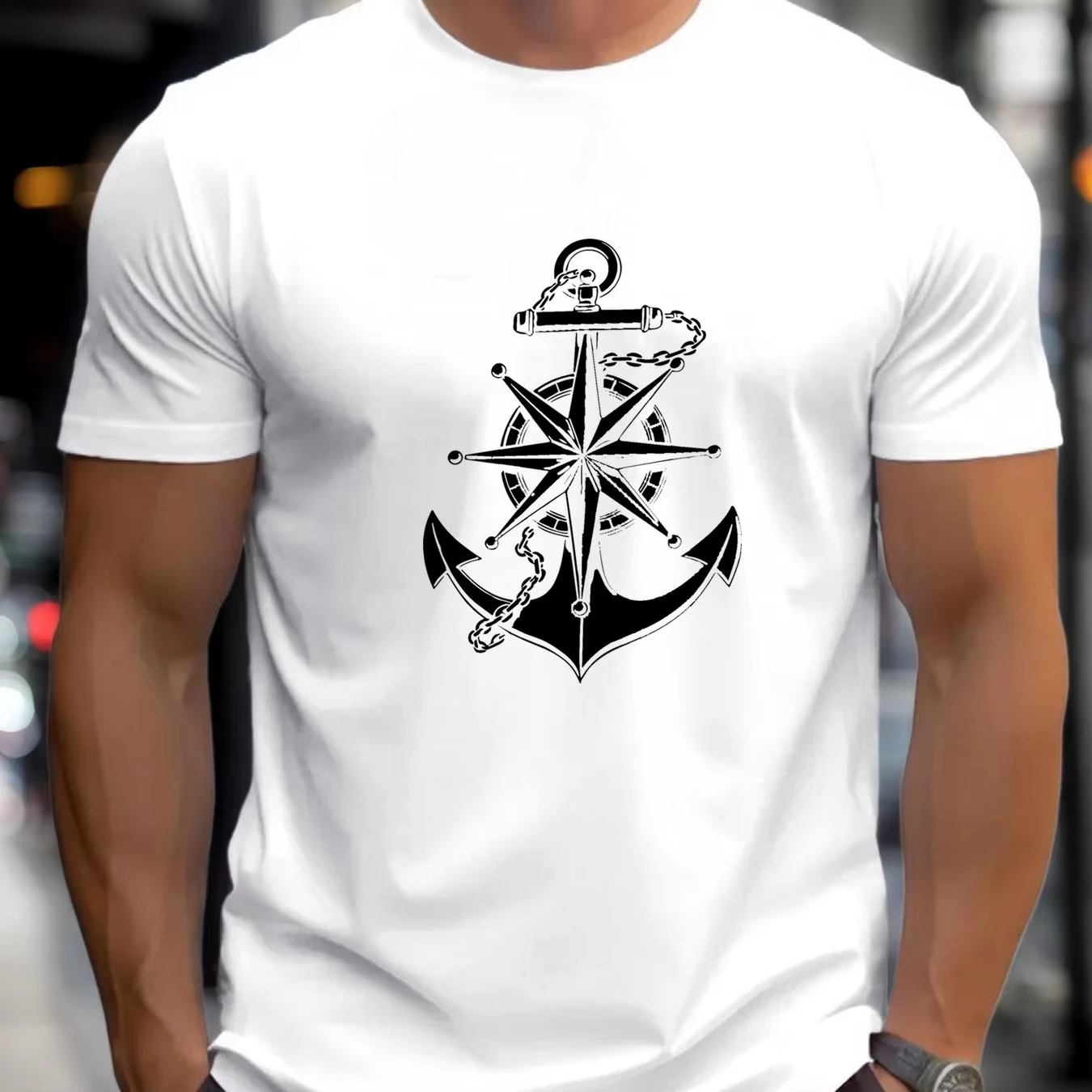 2026 Men's Summer  Cotton Fashionable Casual Loose Anchor and Compass Pattern Print Sports Round Tee
