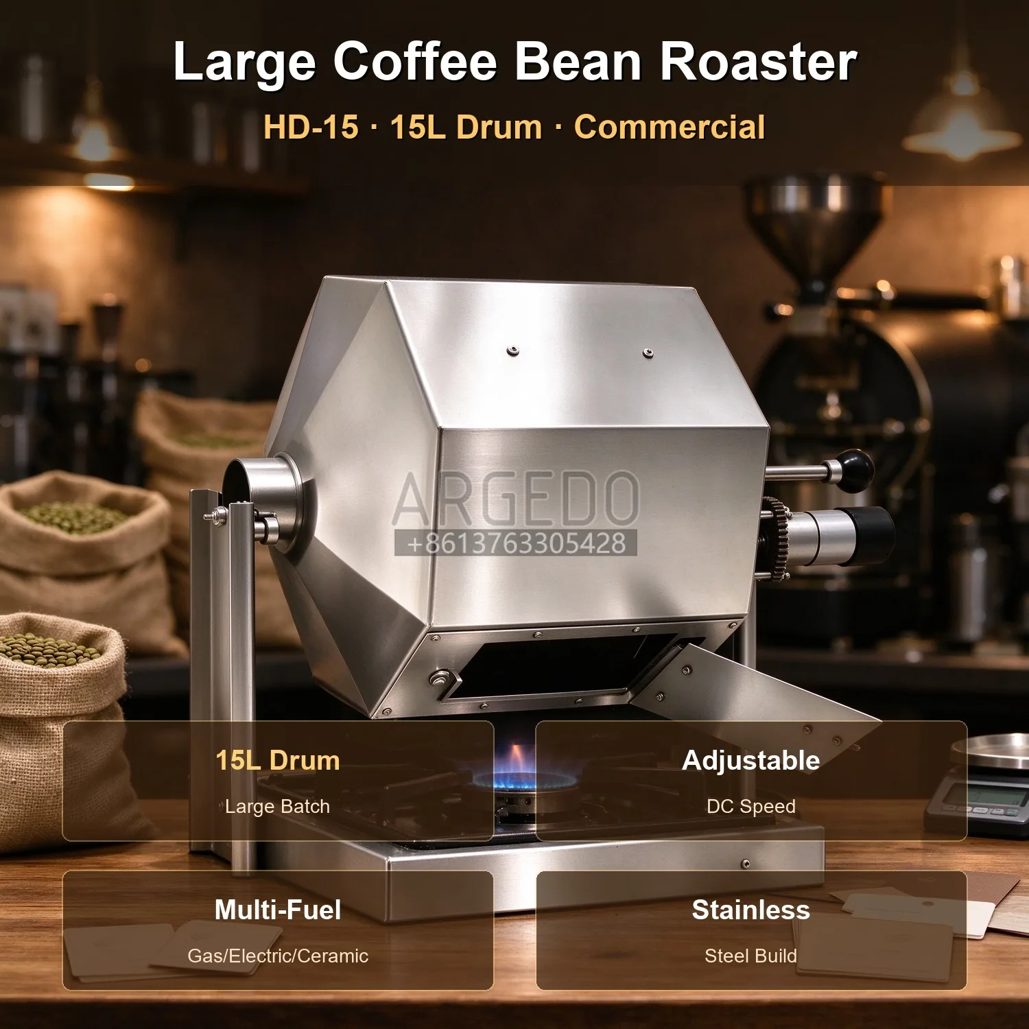 Professional Coffee Bean Roaster 15L Commercial Nut Grain Roasting Machine Stainless Steel Adjustable Speed Multi-Fuel Heating